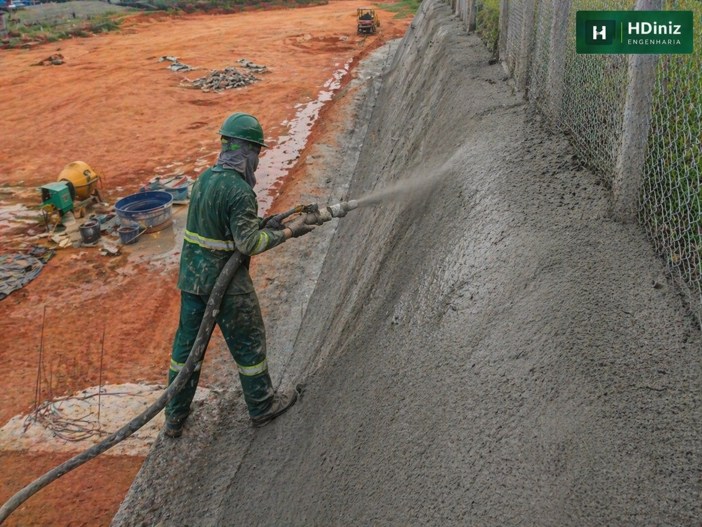 Aplicação de concreto projetado em face inclinada de contenção
