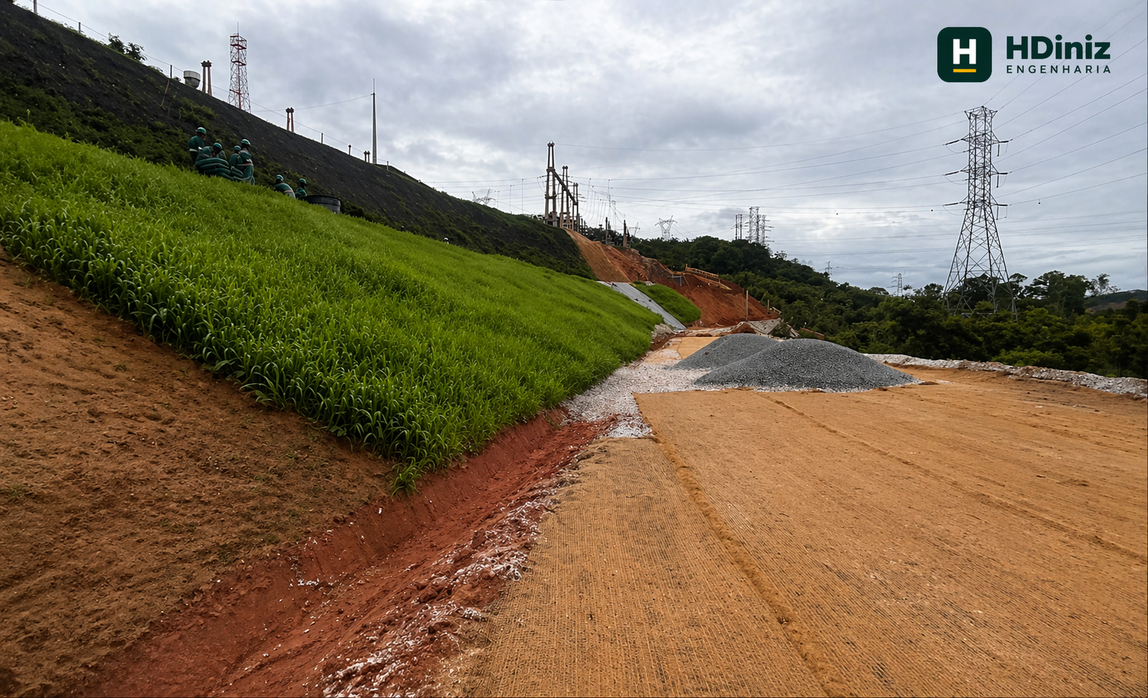 Hidrossemeadura em talude com faixa verde e acesso operacional